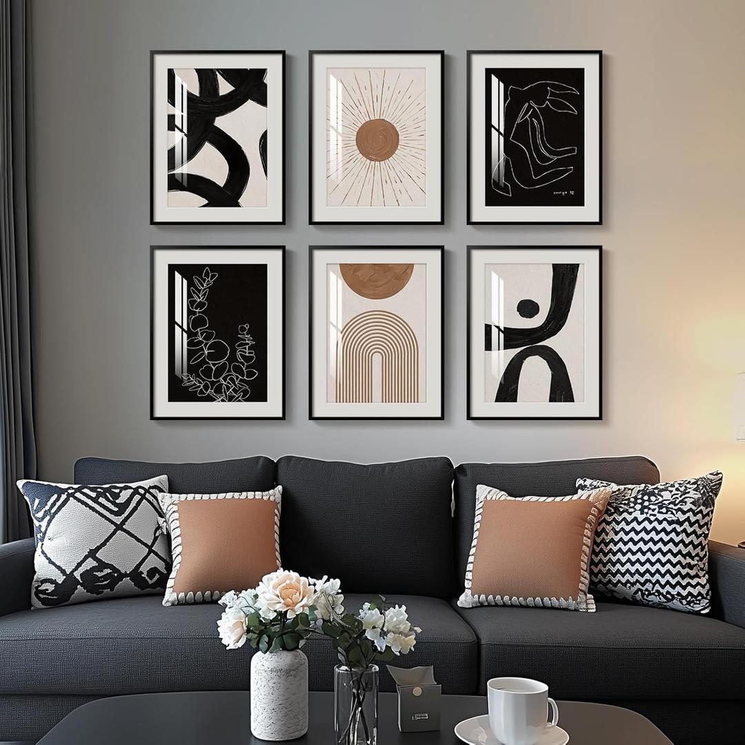 Framed Boho Black and White Brown Modern Abstract Wall Art for Living Room, Set of 6 Bohemian Wall Hanging Artwork, Minimalist Sun Geometric Pictures for Bedroom Office Bathroom Wall Decor 11x14 Inch