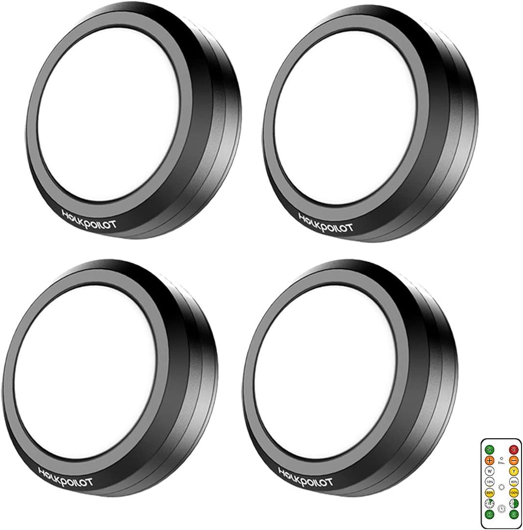 HOLKPOILOT Puck Lights with Remote Control, LED Under Cabinet Lighting, Battery Operated, Closet Dimmable Stick On (4 Pack)