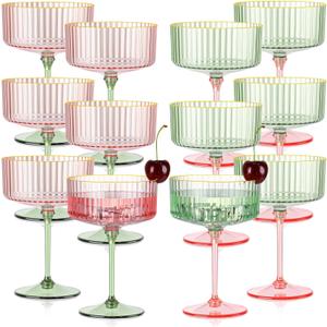 XUWAIDSGN 12 Pcs Champagne Martini Glasses 9 Oz with Gilded Removable Gold Rim Coupe Glasses Pink Martini Glasses Plastic Mimosa Vintage Coupe Glasses Set For Wedding Anniversary (12, Pink & Green)