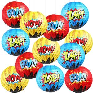 Blulu 6 Pcs Hero Themed Party Decorations Fun Hero Paper Lanterns Hanging Comic Wow Zap Boom Lanterns Birthday Party Favor for Kids Boys Adults Baby Shower Supplies