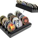 Challenge Coin Holder Display Case 4 Row Solid Wood Military Coin Rack Small Army Coin Stand Holds 12 Coins, Black Finish