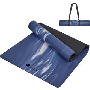 KEEP Professional Yoga Mat with Strap for Men and Women, 5mm Heavy High-Density Natural Rubber Mat for Premium Material Superior Grip, Non-Slip, Eco-Friendly 72"x26" Exercise Mat (Print Blue)