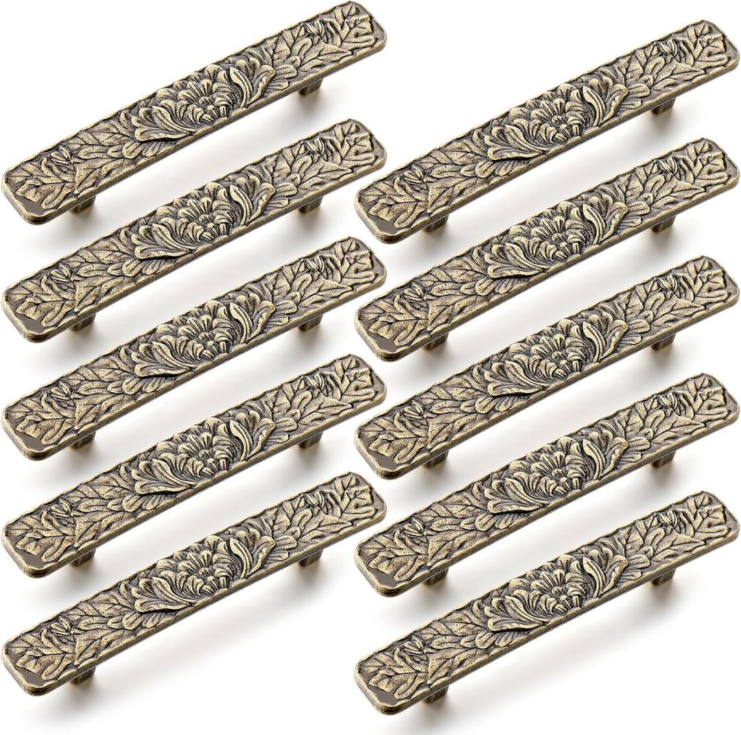 10 Pcs Vintage Bridge Cabinet Drawer Pulls 3" Hole Center Antique Drawer Pulls Bronze Peony Solid Cast Vintage Cabinet Handles with 20 Screws for Kitchen Cabinets Cupboard Closet