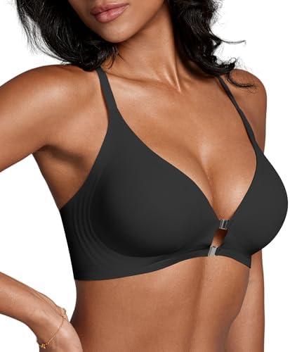 DEANGELMON Front Closure Bras for Women Racerback Bra No Underwire Seamless Push Up T-Shirts Bras Supportive Womens Bralettes Large, Black 