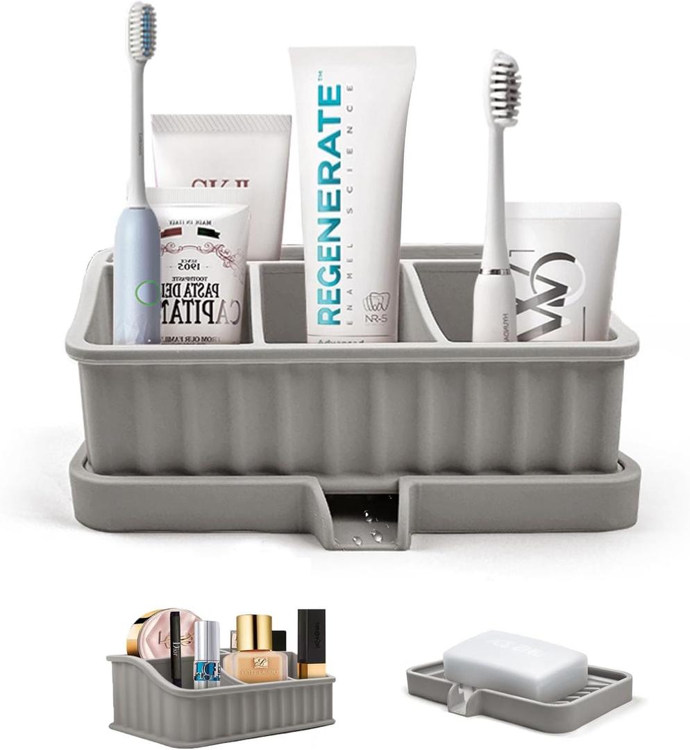 Toothbrush Holders for Bathrooms, 5 Slots Electric Toothbrush and Toothpaste Holder with Drainage, Detachable Soap Dish Toothbrush Holder Bathroom Counter Organizer for Vanity, Office (Grey)