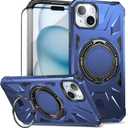 Compatible with iPhone 15 Case, with 1X HD Screen Protector, Compatible with MagSafe, 360Rotatable Invisible Ring for Magnetic Car Mount, Rugged Drop Protection for iPhone case (Navy Blue)