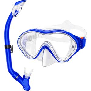 Snorkeling Gear for Kids with Foldable Silicone Full Dry Snorkel, Kids Snorkel Set Anti Leak Youth Junior Snorkeling Package Diving Mask Soft Tube with Mesh Bag Scuba Swimming Goggles (Dark Blue)