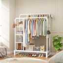 Double Rods Clothes Rack Clothing Rack with 4 Tier Storage Shelves Clothes Rack for Hanging Clothes Multifunctional Heavy Duty Clothes Organizer with Hooks for Bedroom,Wardrobe Closet,Shop,White