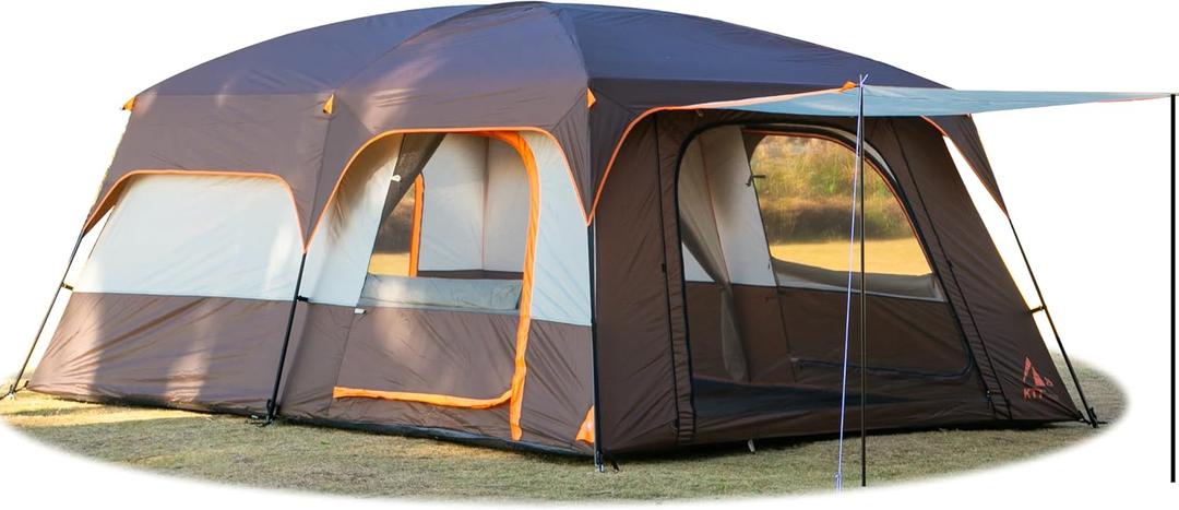KTT Extra Large Tent 14 Person, Family Cabin Tents, 2 Rooms, 3 Doors and 3 Windows with Mesh, Straight Wall, Waterproof, Double Layer, Big Tent for Outdoor, Picnic, Camping, Family Gathering(Brown)