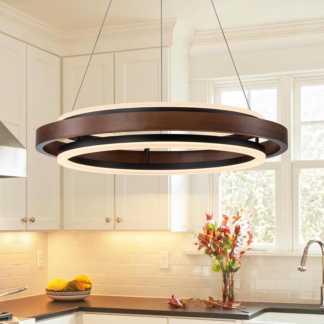 Modern Wooden LED Chandelier, 24" Dimmable Farmhouse Walnut Color Round Dining Room Light Fixtures, 2 Ring Wood Hanging Pendant Light for Kitchen Island Over Table Bedroom Office Living Room
