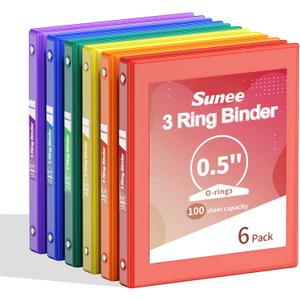 SUNEE 1/2 Inch Binders 3 Ring 6 Pack, 3 Ring Binders Half Inch Clear View PVC-Free (Fit 8.5x11 Inches) for School Binder or Office Binder Supplies, Classic 6 Colors