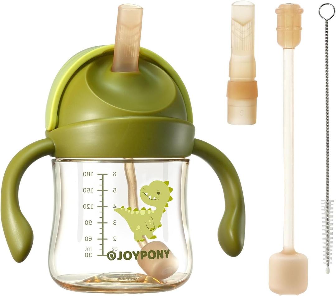 Joypony Baby Sippy Cups 6-12 Months, Spill Proof Weighted Straw Cup with Handle for Toddlers 1-3, 2 Silicone Straws, PPSU, BPA Free, 6 oz (Green)