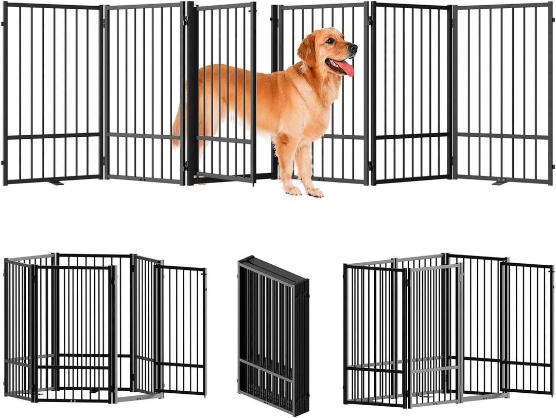 SNUOWU Full Metal Freestanding Dog Gate with Door, 36''Height Foldable Pet Dog Fence for Indoor & Outdoor, 6 Panels Extra Wide Free Standing TallDog Gates for Doorways,House,Stairs,Porch,Deck,Yard