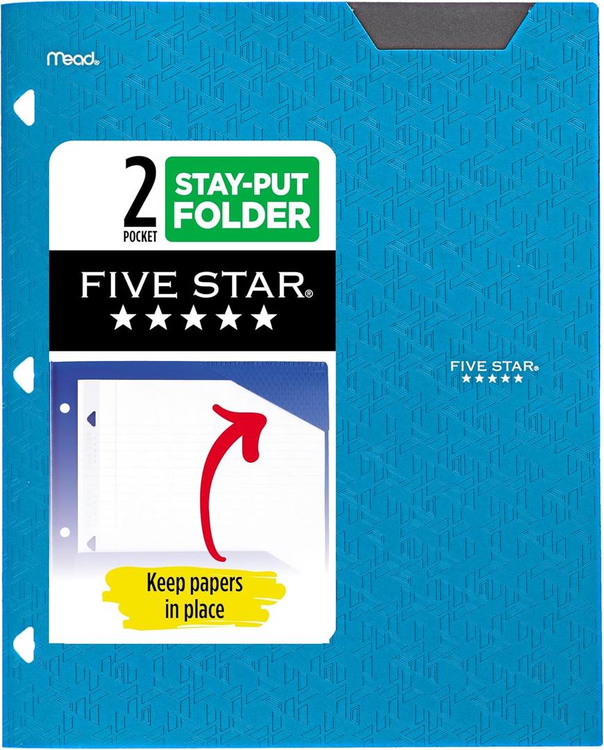 Five Star 2-Pocket Folder, Plastic Folder with Stay-Put Tabs, Fits 3-Ring Binder, Holds 8-1/2" x 11" Paper, Tidewater Blue (333420H-ECM)