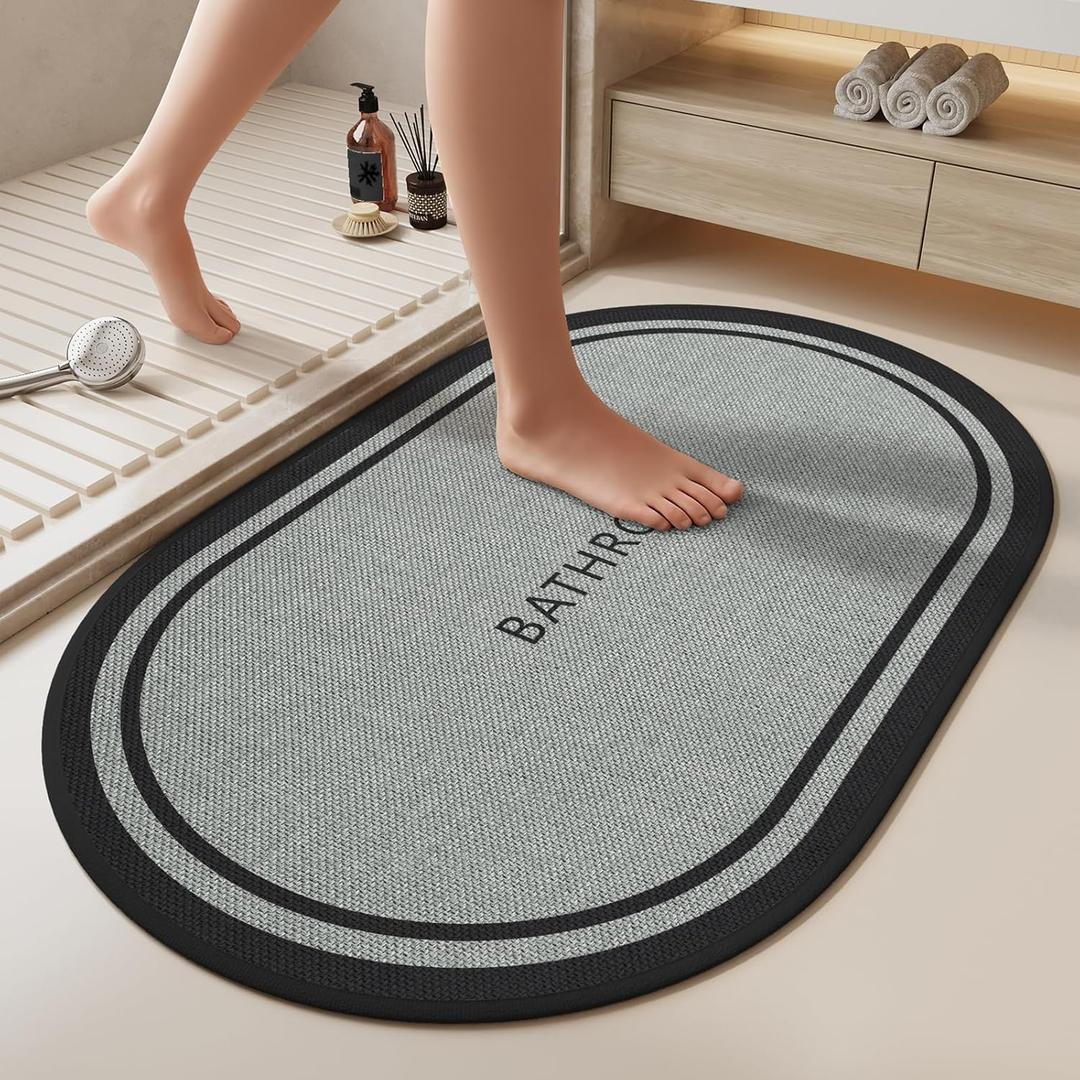 Ultra Thin Oval Bath Mat Bathroom Rugs, Quick Dry Super Absorbent Washable Bath Shower Mats, Rubber Backing Non Slip Bathroom Rug Fit Under Door, 16x24, Border Grey