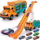 BainGesk Carrier Truck Toys for 3 4 5 6 Years Old Boys, 2.8 Ft Race Track Transport Cars with 6 Die-Cast Metal Toy Cars, Birthday Gifts Kids Age 3-5, Racing Toys Gifts for Toddlers (Orange)