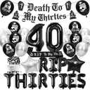 Death to My 30s Decorations, Rip to My 30s Party Supplies Set with Banner Sash Cake Topper Balloons, 40th Birthday Gothic Theme Party Decor for Women Men (Black,Silver)
