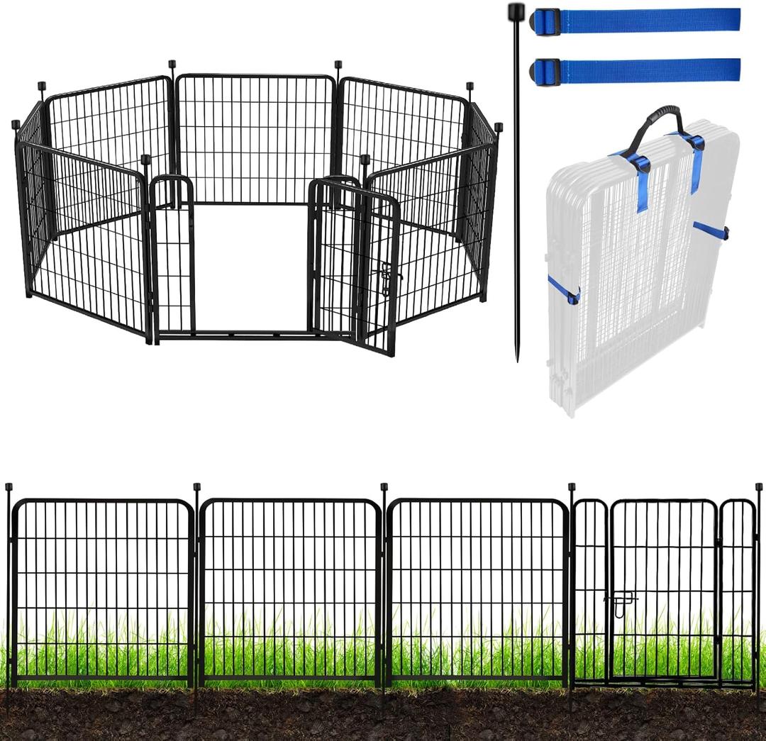 ADAVIN 32 in(H) Garden Fences and Borders,1 Gate+7 Panels Dog Fence Outdoor for Yard, Heavy Duty Iron Metal Animal Barrier Fence, Portable Fence, Flower Garden Fencing,Total 17.7 Ft(L), Black (8panels-32in(H)17.7ft(L))