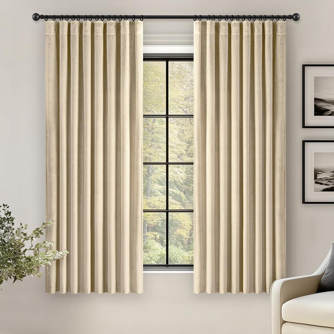 ANRODUO Beige Velvet Curtains 45 Inches Long Blackout Thermal Insulated Soundproof Curtain Privacy Room Darkening Curtains Pinch Pleat Window Drapes for Bedroom Living Room 42 x 45 Inch Set of 2