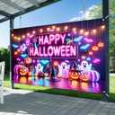 Halloween Banner 71x43 Inch Neon Ghost Pumpkin Backdrop Indoor Outdoor Trick or Treat Party Decoration Wall Hanging Spooky Glow Theme for Fence Room Porch Photo Booth