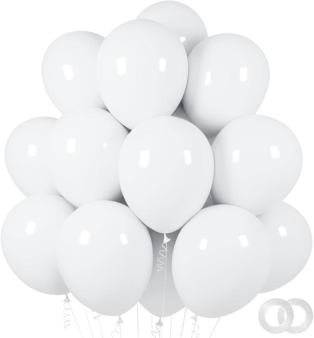 ASIYUHY White Balloons 100 Pack 12 Inch White Latex Party Balloons with 2 Rolls of Ribbon Helium Balloons for Wedding Birthday Party Baby Shower Engagement Anniversary Decorations