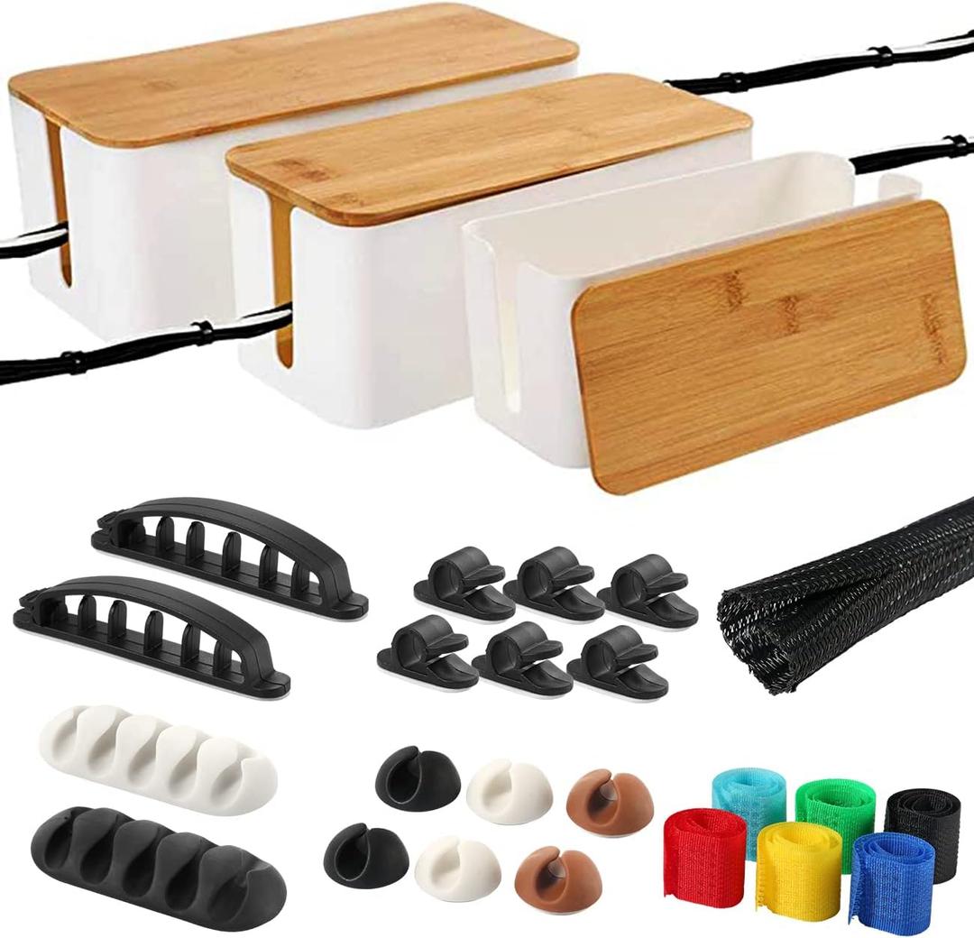 Cable Management Organizer Box, 3 Pack Large Bamboo Lid Wire Box with 23 PCS Cable Organized Set to Cover Hide Surge Protector Power Strips, Cord Concealer for Office, Home, Kitchen Desk (White)