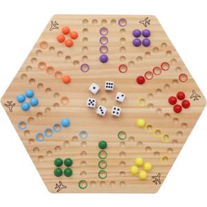 HOROW Wahoo Board Game Wooden Original Board Game 15 inch Classic 2 Side Painted Fast Track Game for 4 Player and 6 Player with 30 Marbles,6 Dices for Family Game Night