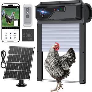 Automatic Chicken Coop Door with Camera, Solar Powered Smart Chicken Door with WiFi App Control, 1080P HD Night Vision, 5000 mAh Battery, Anti-Pinch Safety, Smart Alerts, Space-Saving Roll-Up Design