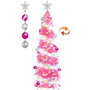 Dual Color Switch&Timer 5 Ft Pink Pop Up Christmas Valentines Tree with 50 Warm White&Color Lights 8 Modes, Tinsel Pencil Collapsible Xmas Tree, Easy Assembly, Balls 3D Star Sequins, Home Party Decor