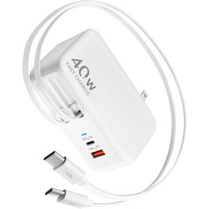 Retractable USB C Charger Wall Plug with 35.5in/90cm Type C Cables Cords,40W Fast Charging Foldable Block Multi Charger for All Devices for iPhone 17/16/15/14/13/12,iPad,Galaxy,Pixel (White)