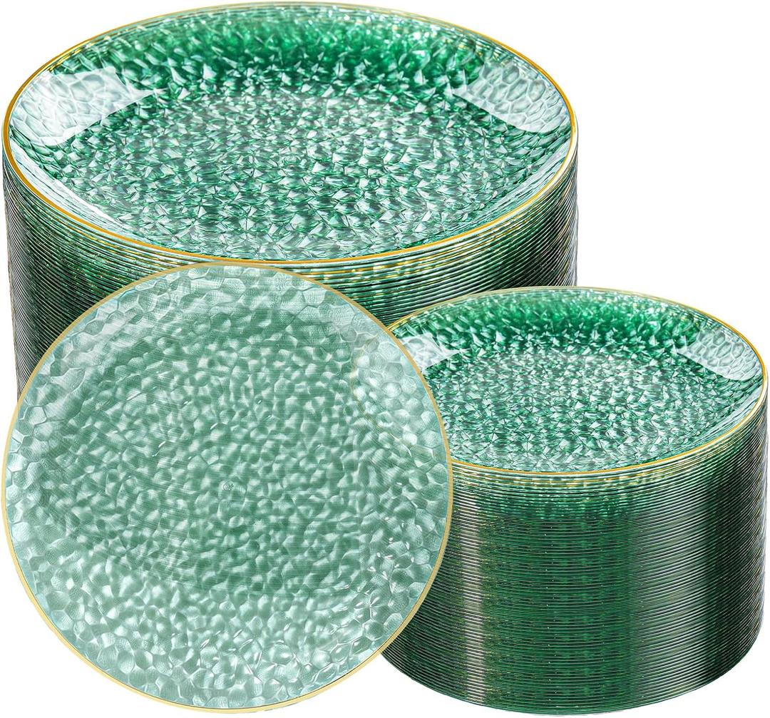 Rubtlamp 100 Clear Green Gold Plastic Plates, Hammered Clear and Gold Disposable Plates Include 50 Dessert Platos, 50 Dinner Platos for Party