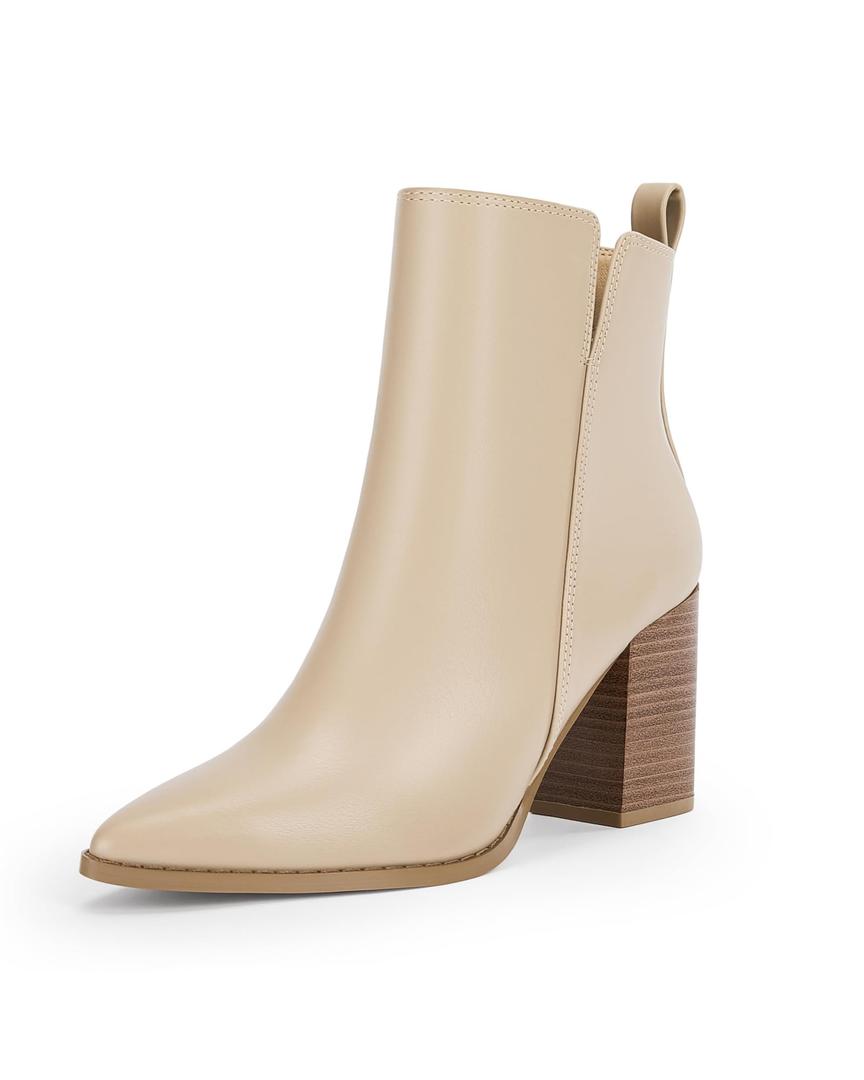Rilista Womens V Cutout Ankle Boots Pointed Toe Chunky Block Stacked Heel Booties Side Zipper Shoes