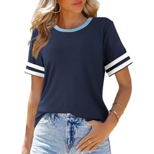 SHEWIN Women's Fashion Casual Crewneck Color Block T Shirts Short Sleeve Summer Tops Tees Slim Fit (XL)