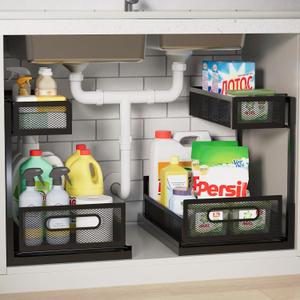 2 Pack Under Bathroom Sink Organizers and Storage 2-Tier Metal Pull Out Cabinet Organizer with Sliding Out Drawers Space Saving Undersink Slide Out Shelves for Kitchen Pantry, Black