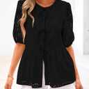 KIRUNDO Peplum Tops for Women 2026 Summer Eyelet Tie Front Blouses Casual Short Lantern Sleeve Cute Y2K Lace Babydoll Shirts (Black, S)