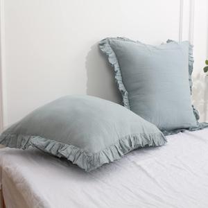 Simple&Opulence 100% Linen Euro Sham Covers with Ruffle, 26x26 Inch Pillow Covers Set of 2, Euro Pillow Shams for Bed Couch French Home Decor Luxury and Breathable Square Pillow Cases, Dusty Blue