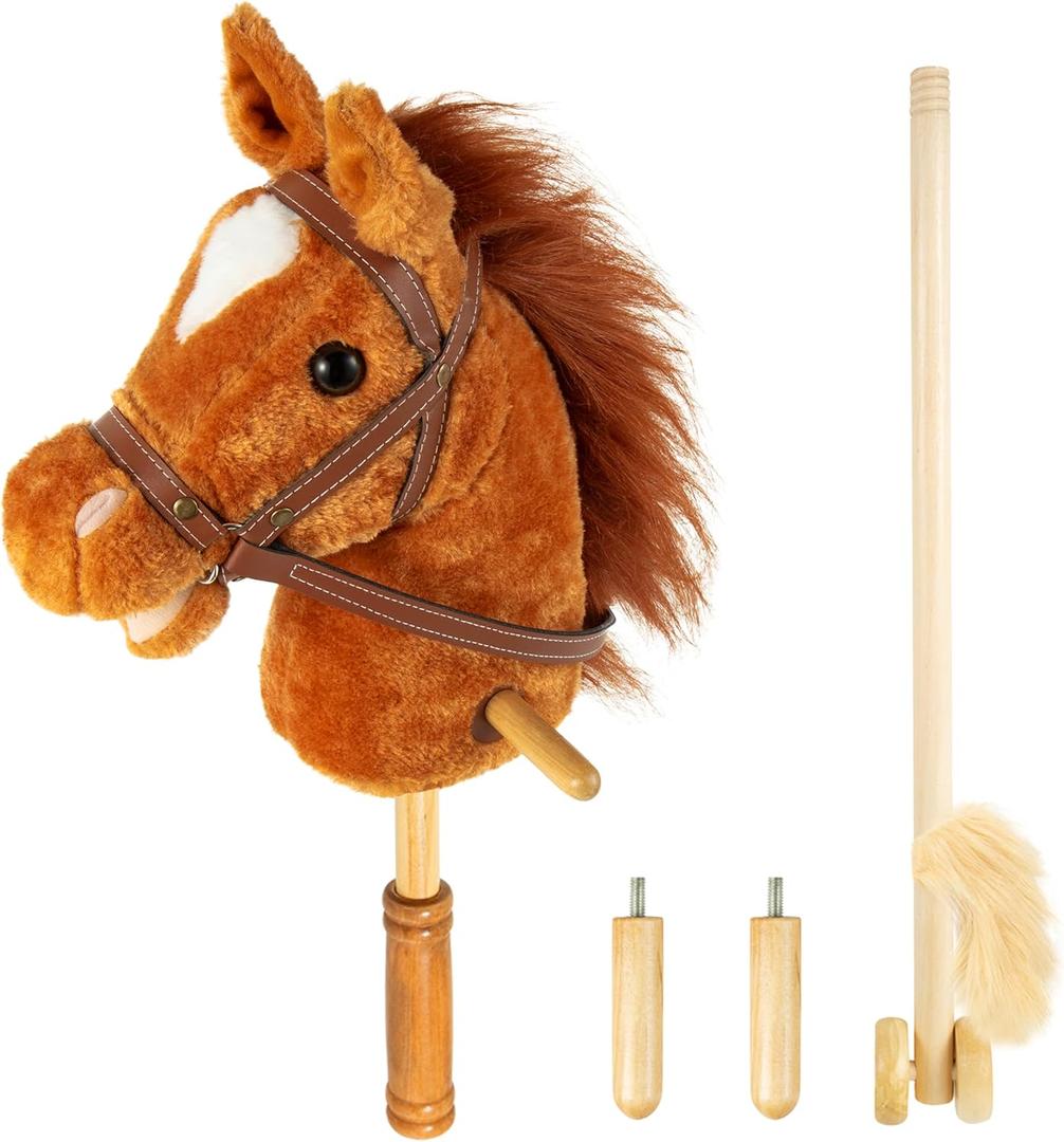 Stick Hobby Horse Riding Toy, Plush Stick Horse for Toddlers Ages 3+, Horses Ride on Toy Fun Pretend Play with Wooden Wheels and Real Pony Clip-Clop Sounds 39 Inches-Light Brown