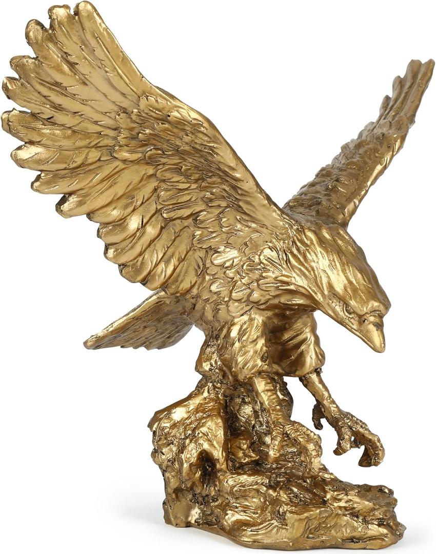 H&W Golden Eagle Statue, Flying Wild Bird Eagle Decorative Bronze Patina Resin FigurineM (Medium)