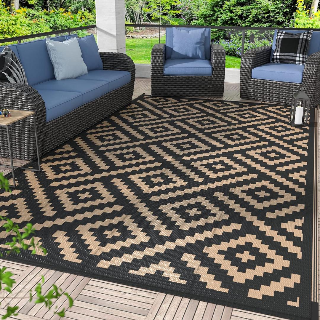 GENIMO Outdoor Rugs 8x10 Waterproof, Reversible Mats, Area Plastic Straw Rug, Outside Carpet, Geometric Rv Mat for Patio Camping Rv Picnic Backyard Deck Balcony Porch Beach Trailer (Black & Brown) (8'x10')