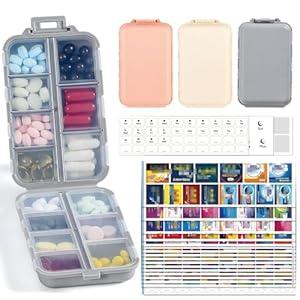 Travel Pill Organizer with Bulk Stickers & Labels - Small & Portable Daily Medicine Pharmacy for Pocket, Bag - 14-Compartment Foldable Supplement Box Holder for Fish Oil Vitamin - Clear Purple