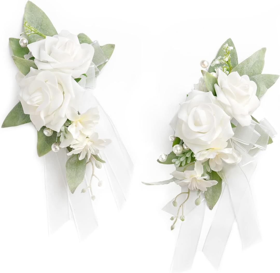 Ling's moment 2pcs Wedding Shoulder Corsage Artificial Flowers, Girl/Mother Homecoming/Prom Corsages Wristlet Dcor, etc. White Pearl