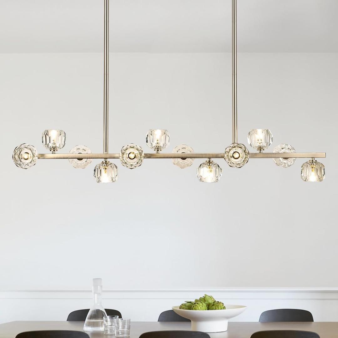 47" Linear Crystal Chandelier, 12 Lights Island Lighting Fixture for Kitchen, Brushed Nickel Modern Chandelier with Crystal Shades for Dining Room