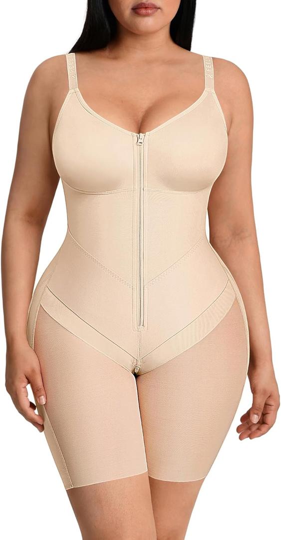 FeelinGirl Fajas Colombianas Moldeadoras Shapewear Tummy Control Postpartum Butt Lifting Body Shaper with Zipper Crotch (XX-Large, Beige)