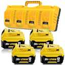4-Pack 12.0Ah DCB206 Replacement for Dewalt 20V Max Battery 12.0Ah and 4-Port Charger Compatible with Dewalt 20 Volt Lithium Battery DCB200 DCB201 DCB203 DCB204 DCB07 Series Power Tools (Yellow)