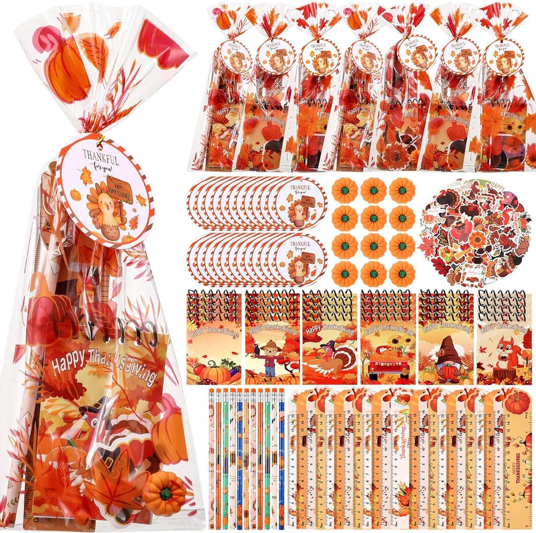 194 Pcs Thanksgiving Party Favor Friendsgiving Fall Autumn Stationery Pumpkin Maple Turkey Notebook Pencil Ruler for Happy Thanksgiving Goodie Bag Filler Exchange Students Classrooms Gift