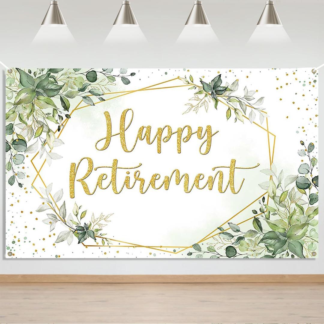 Mocsicka Happy Retirement Backdrop - Eucalyptus Leaves Retirement Party Decorations - Sage Green Greenery Congrats Photo Booth Prop - 70.8 x 43.3 Inch