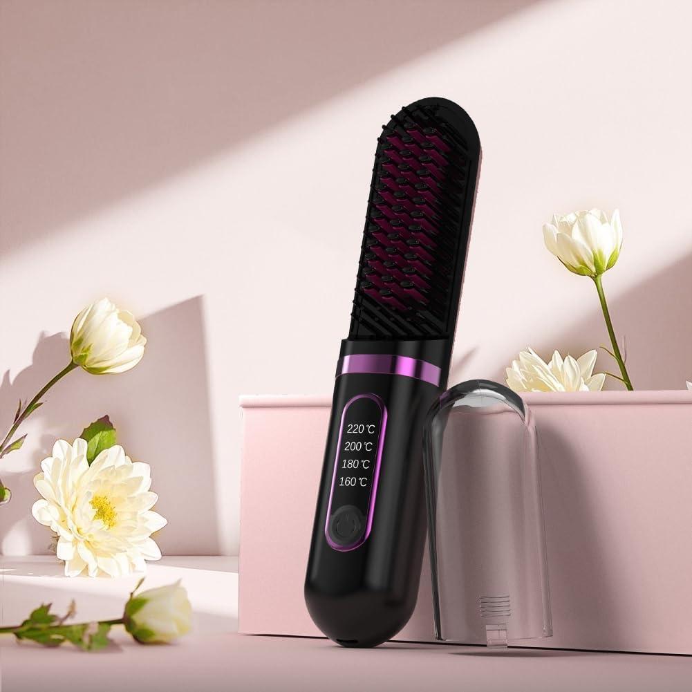 Cordless Hair Straightener Brush, Portable Straightening Brush for Women, Mini Negative Ion Hot Comb for Travel, 30Mins Auto-Off, USB Rechargeable, Fast Heating 4 Temperature Settings (Black)