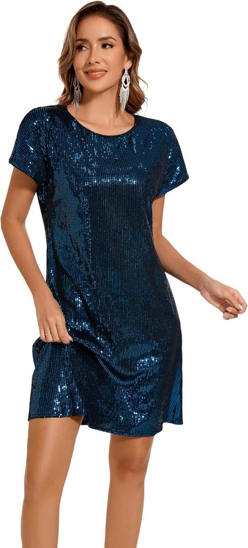 Women's Crewneck Sequin Shift Dress Short Sleeve Casual Holiday Sparkly Party Dress (X-Large, Velvet 4)
