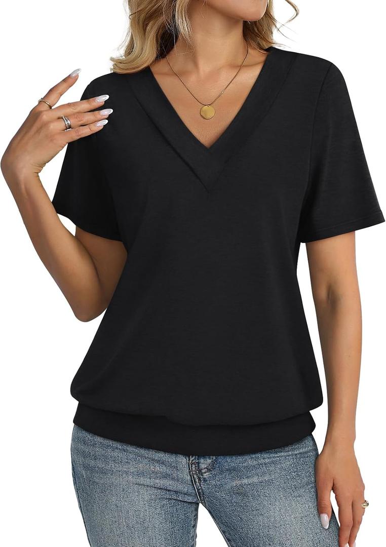 TICTICMISS Womens Short Sleeve Tops Banded Bottom V Neck Summer T Shirt Casual Basic Tees Trendy Tops Summer Clothes (Black, XL)