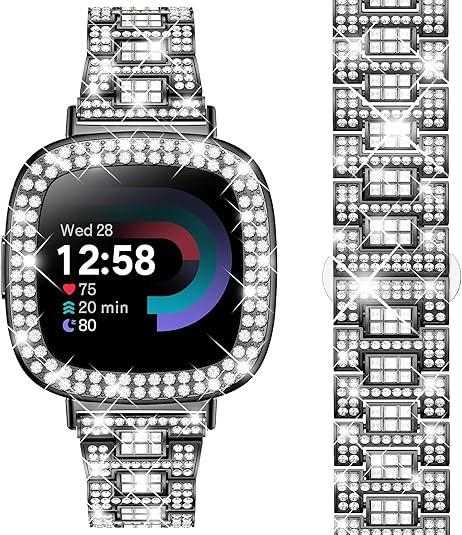 Dsytom Bling Stylish Watch Band Compatible With Fitbit Versa 4, Sense 2, Versa 3, Sense - Cute Strap With Rhinestone Protective Case Cover for Women